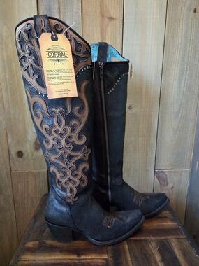 Corral Black Suede Heeled Knee Boots with Brown Embroidered Shaft